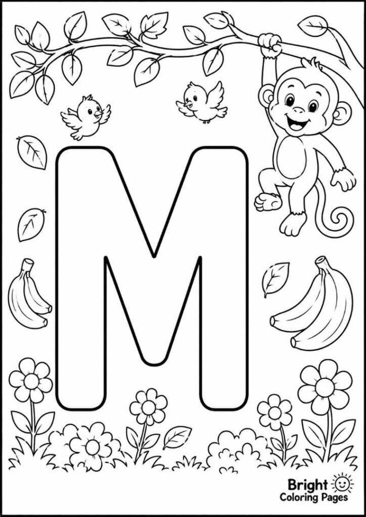 M is for Monkey free printable coloring page