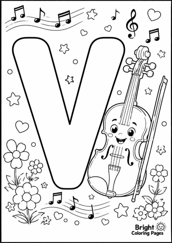 V is for Violin coloring page for kids 