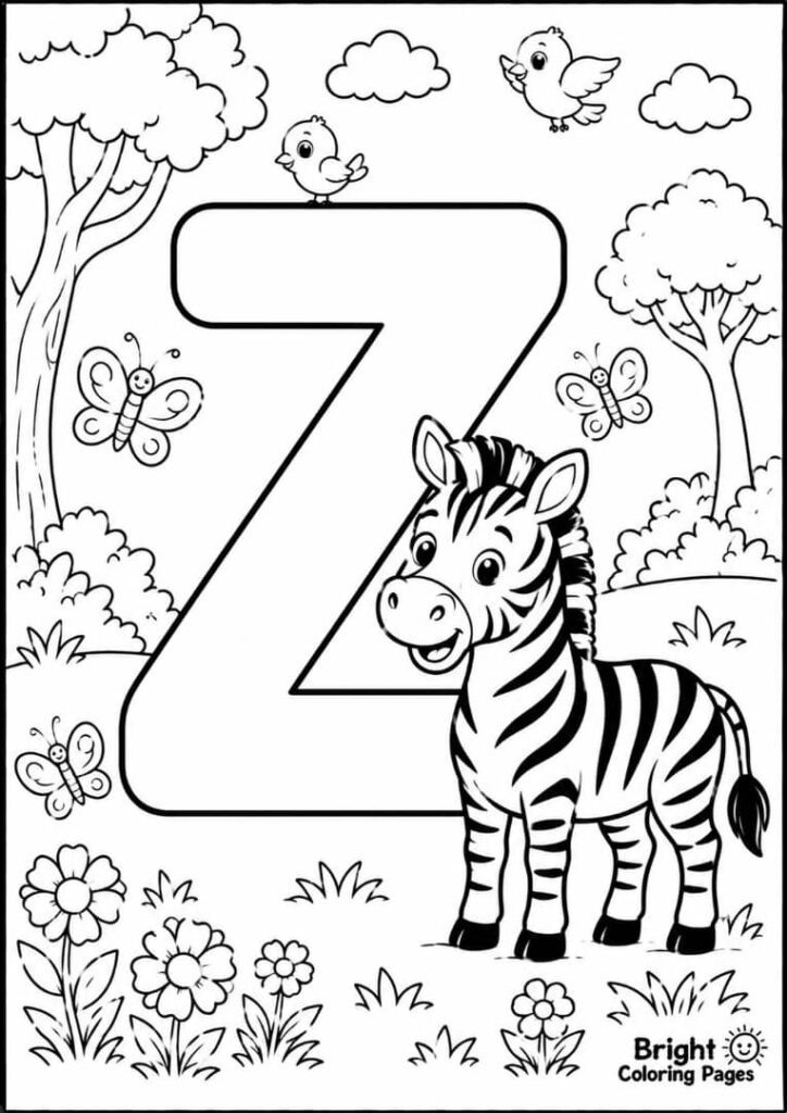 Z is for Zebra free coloring page for kids