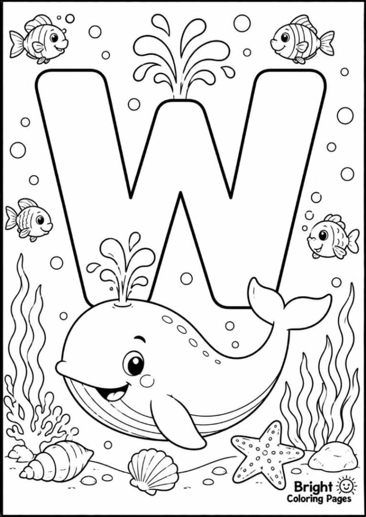 W is for Whale coloring page for kids