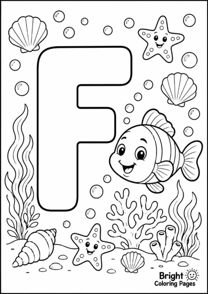 F is for Fish Coloring page for kids 