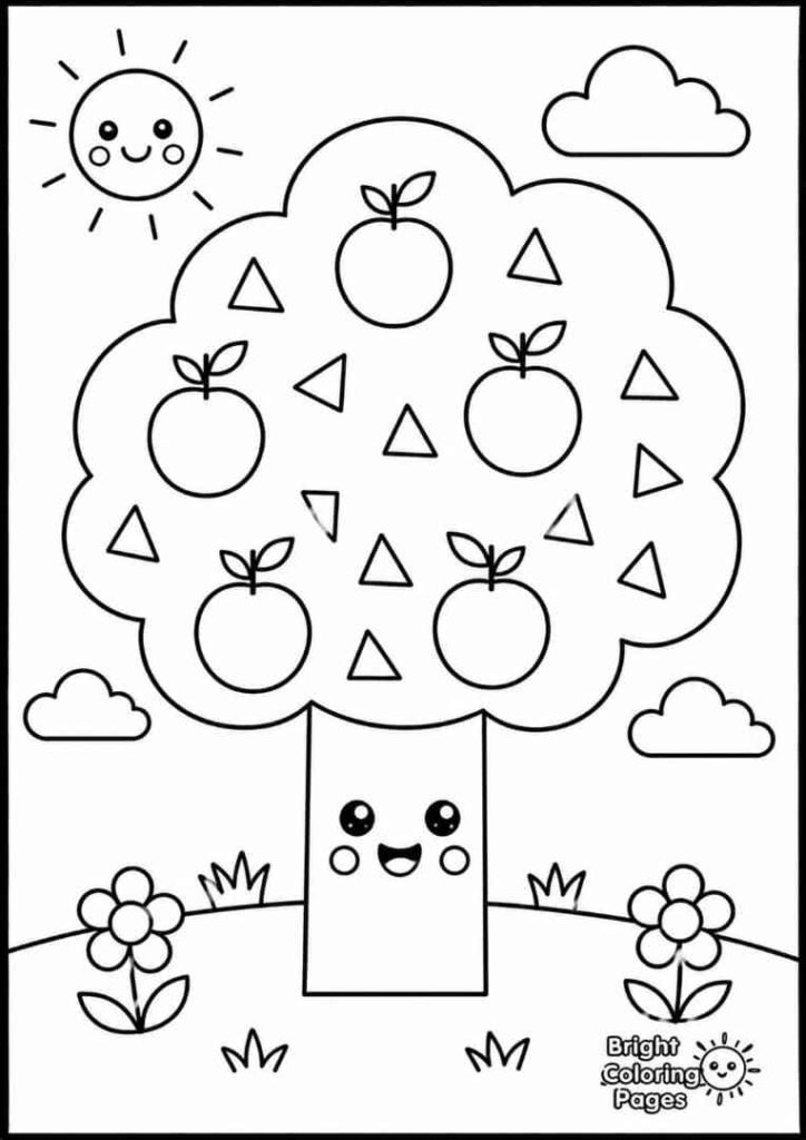 Shape Apple Tree free download coloring page for preschool kids