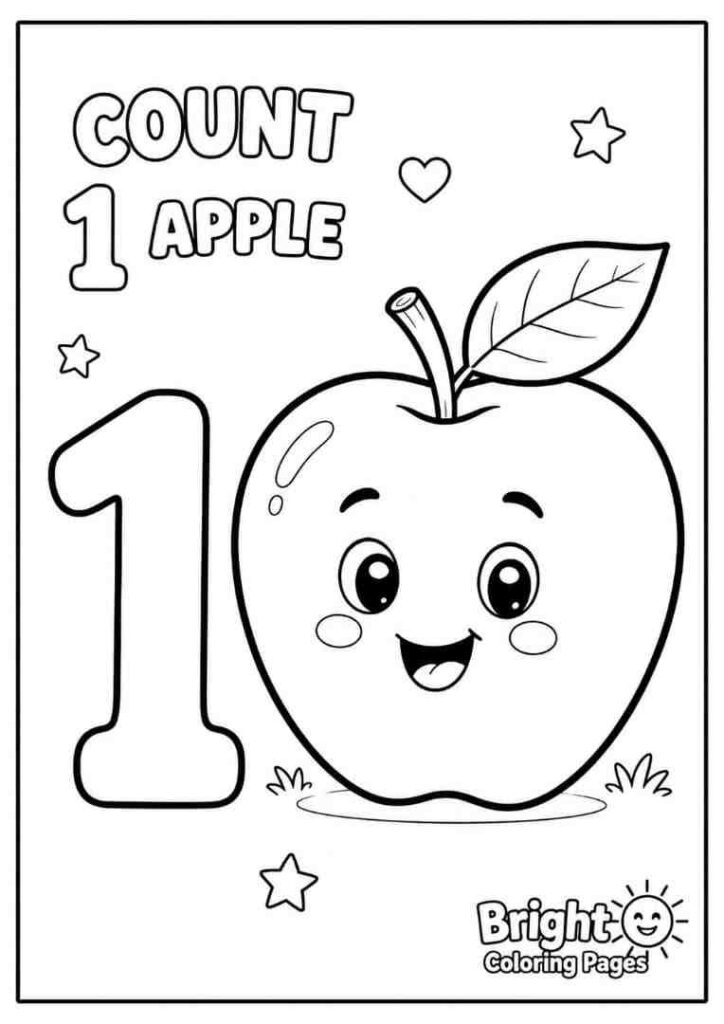 Count 1 Apple free coloring page for kids 