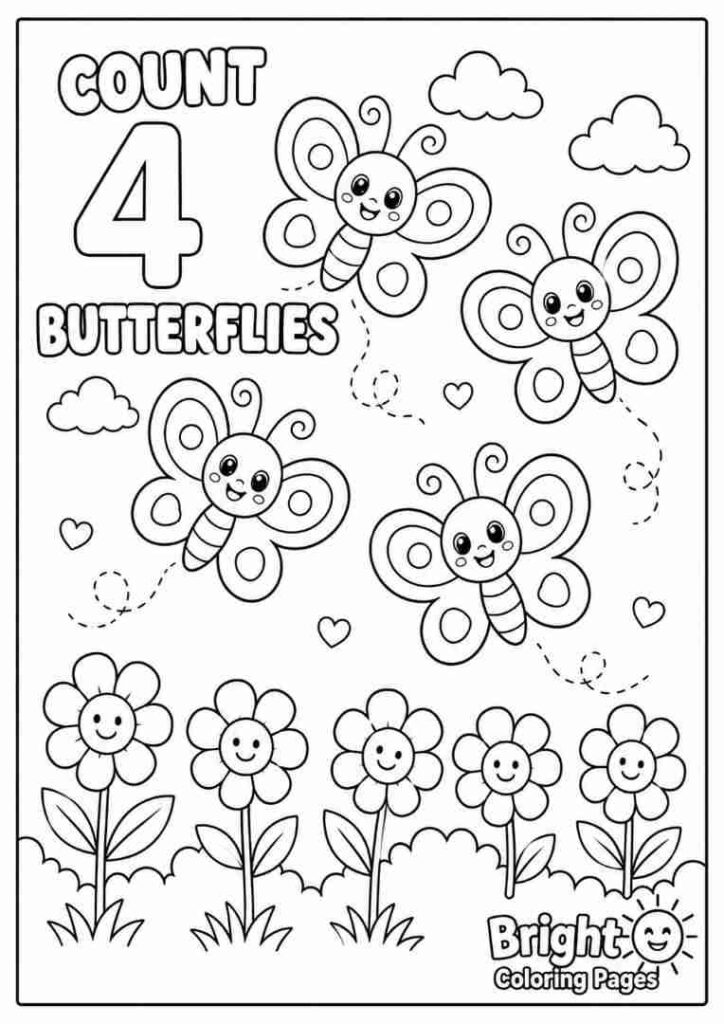 Count 4 Butterflies free coloring page for preschool kids 