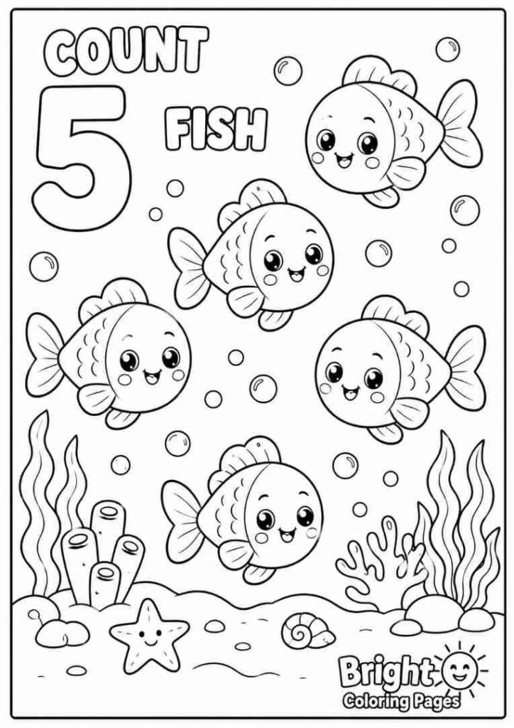 Count 5 Fish free printable coloring pages for preschoolers 