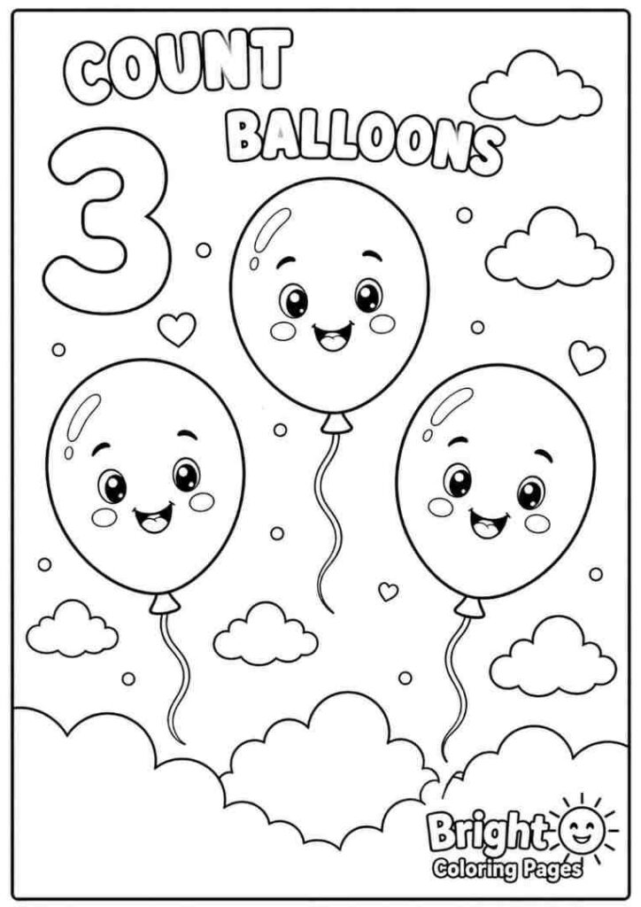 Count 3 Balloons free printable coloring pages for kids 