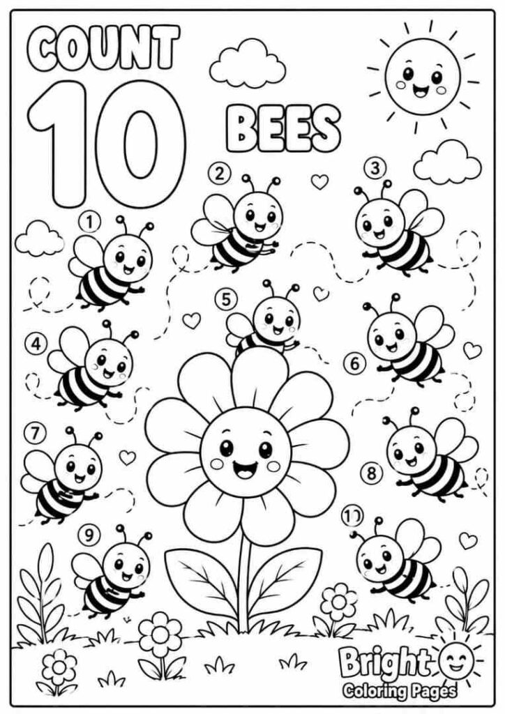 Count 10 Bees free download coloring page for preschool kids 