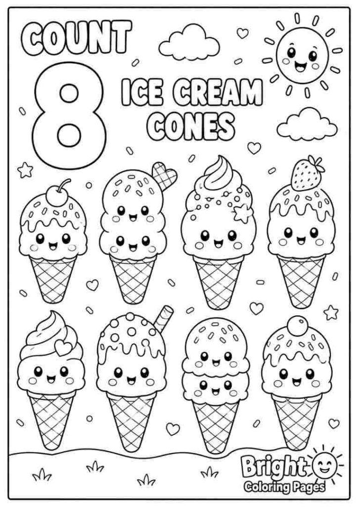 Count 8 Ice Cream Cones coloring page for preschool kids 