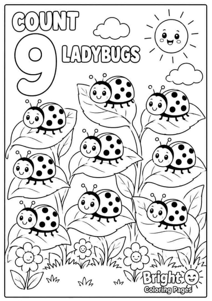 Count 9 Ladybugs free printable coloring pages for kids 