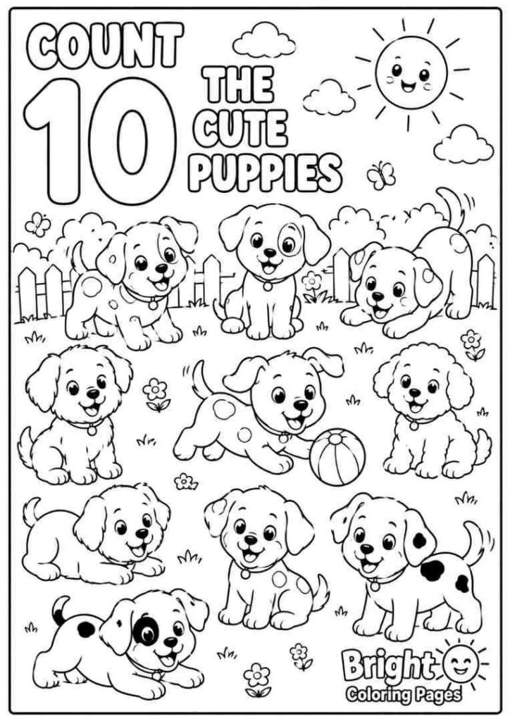 Count the Cute Puppies free download coloring page for preschool kids 