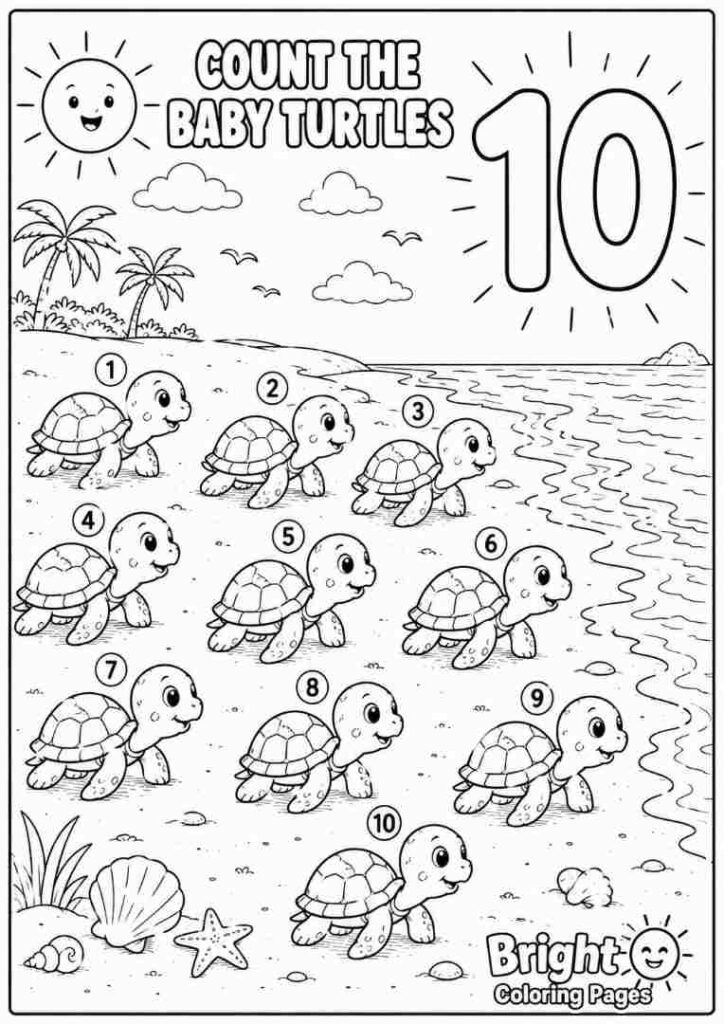 Count the Baby Turtles free printable coloring page for children 