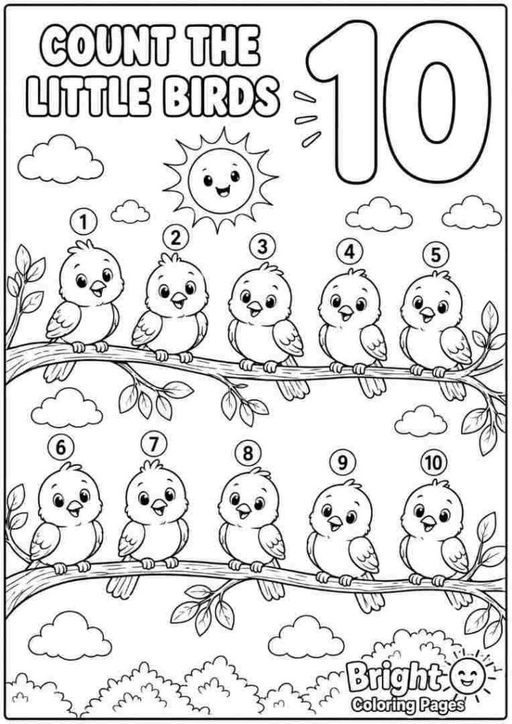 Count the Little Birds free download coloring page for preschool kids