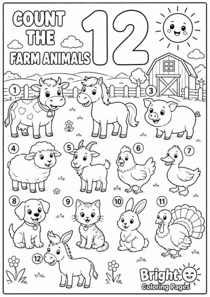 Count the 12 Farm Animals Free download coloring page for preschool kids 