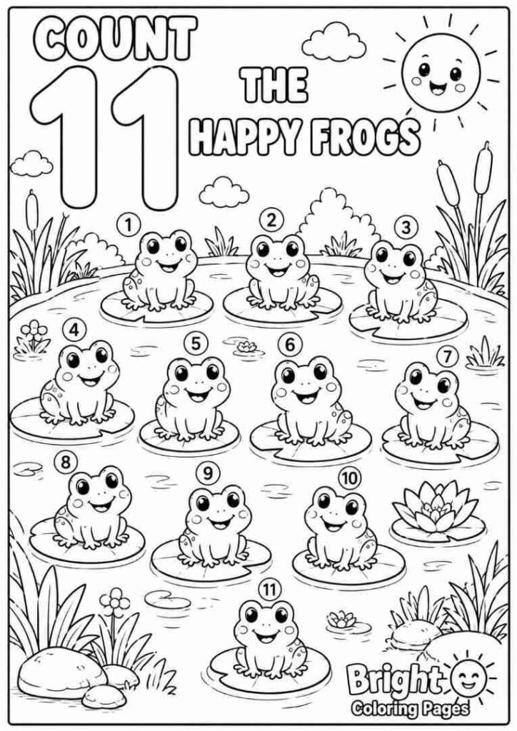 Count the Happy Frogs free printable coloring pages for preschoolers 