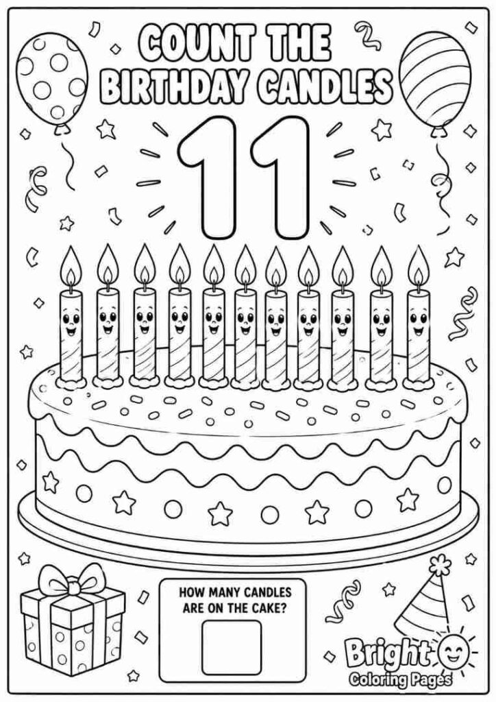 Count the Birthday Candles free download coloring page for preschool kids 