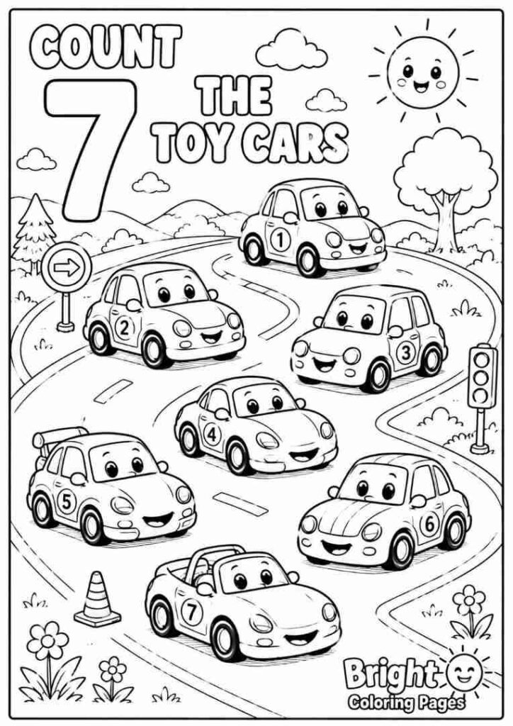 Count the Toy Cars printable coloring page for preschool kids 