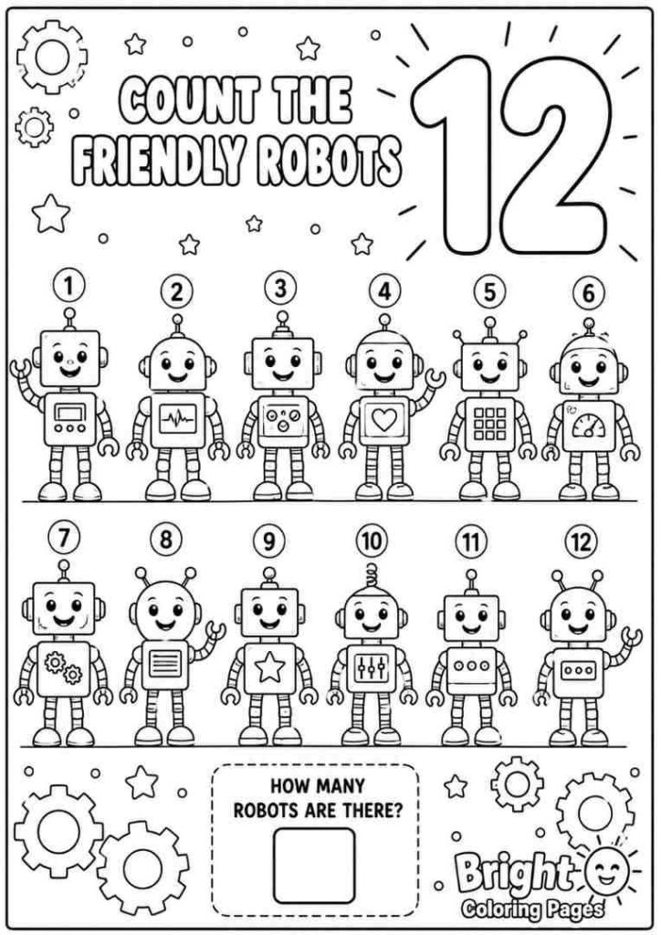 Count the Friendly Robots free printable coloring page for preschoolers 