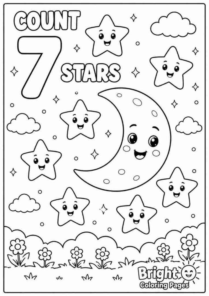 Count 7 Stars coloring page for preschool children 