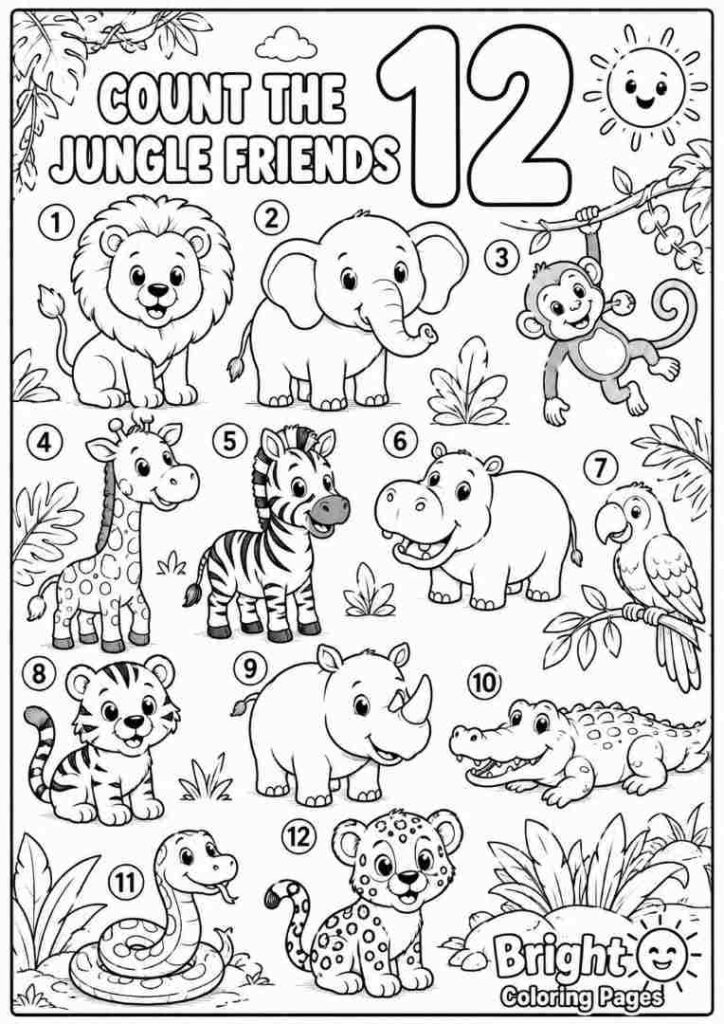 Count the Jungle Friends free printable coloring pages for kids 