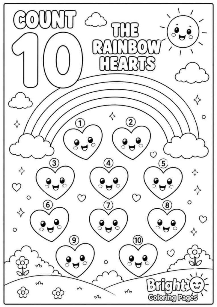 Count the Rainbow Hearts coloring page for preschool kids 