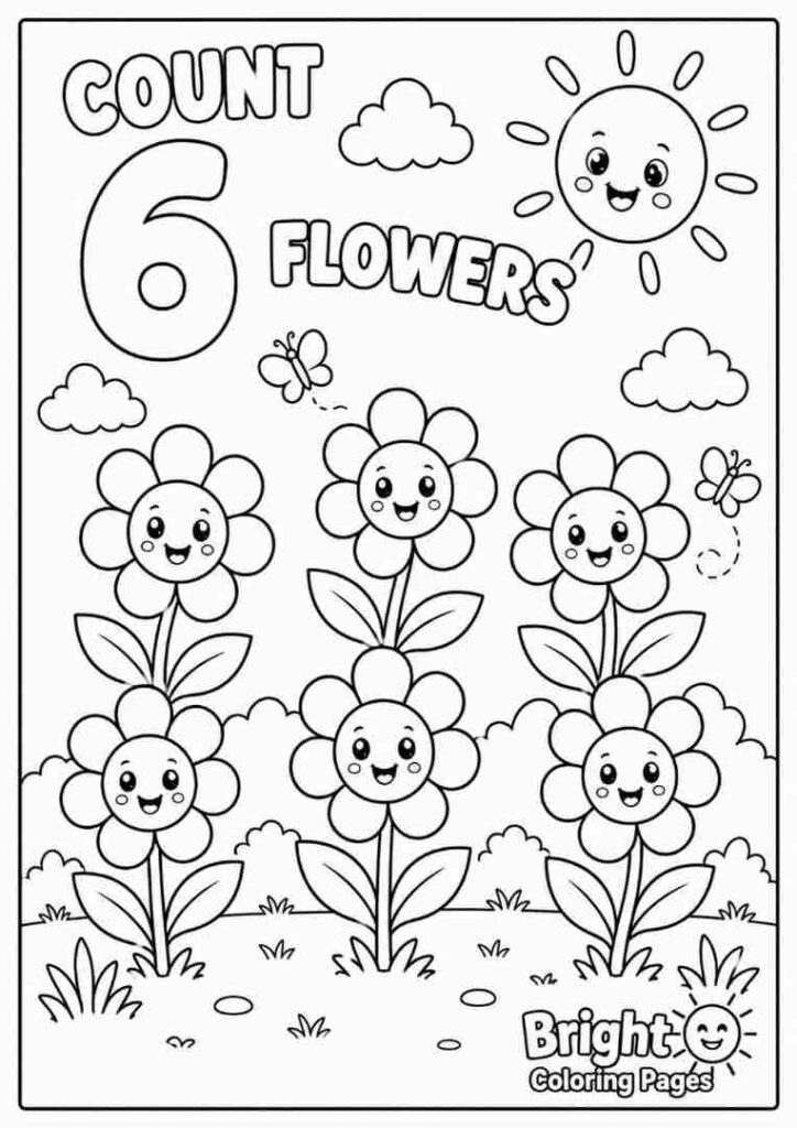 Count 6 Flowers free download coloring page for preschool kids 