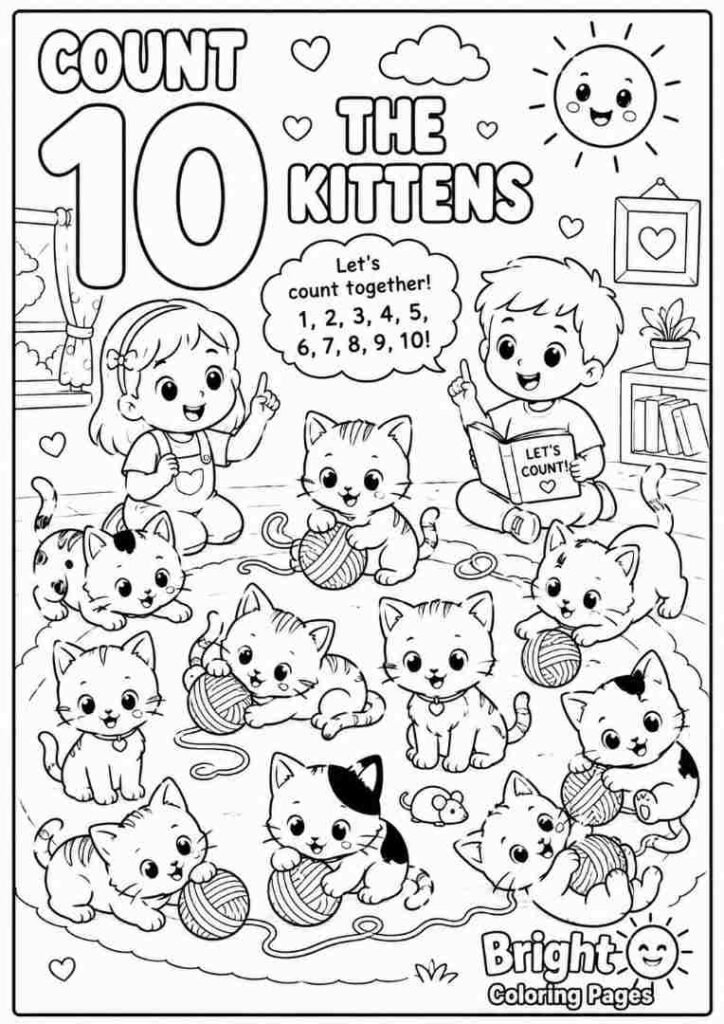 Count the Kittens free download coloring page for preschoolers 