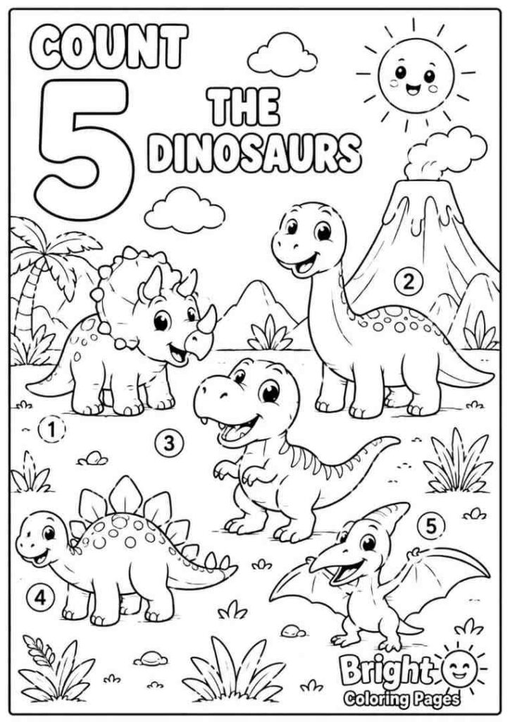 Count the Dinosaurs free coloring page for preschool children 