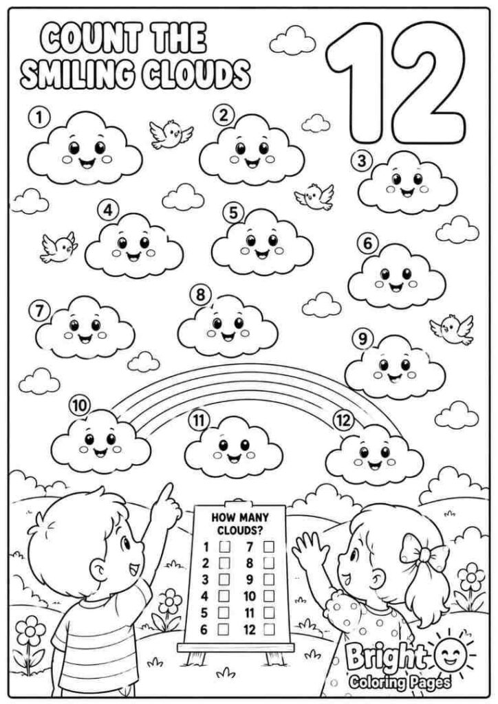 Count the Smiling Clouds free coloring page for preschool kids 