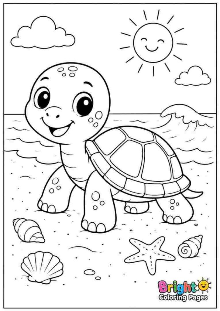 Turtle on the Beach coloring page for preschool kids 