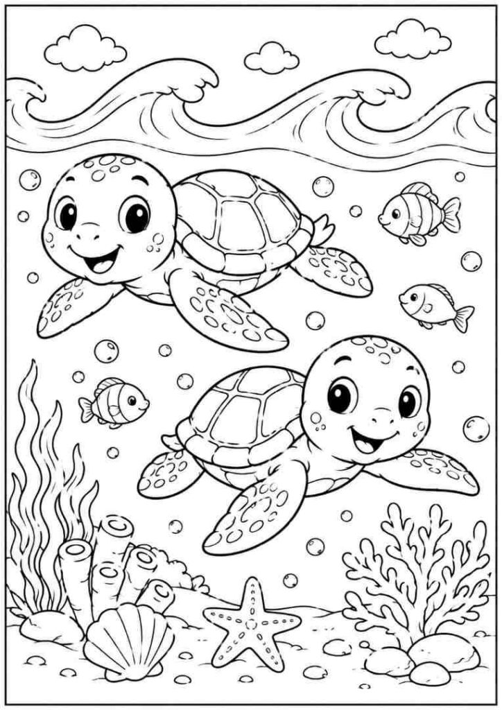 Turtle in the Ocean Waves coloring page for preschool kids 