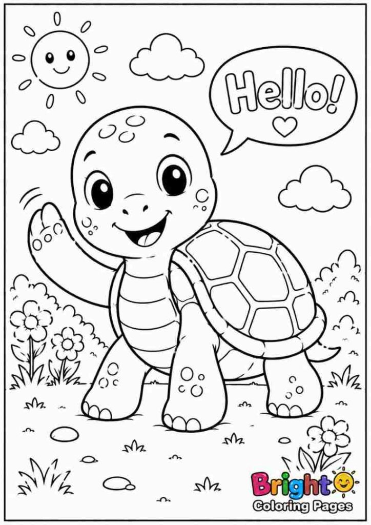 Turtle Saying Hello free printable coloring pages for kids 