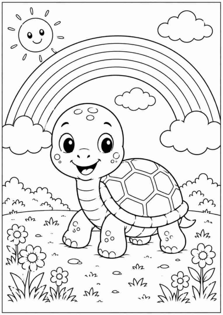 Turtle Near a Rainbow free coloring page for preschool kids 