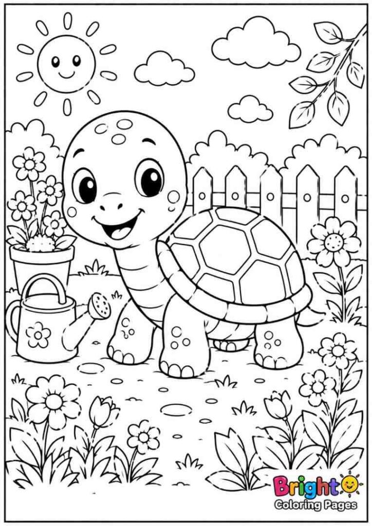 Turtle in a Garden free printable coloring pages for kids 