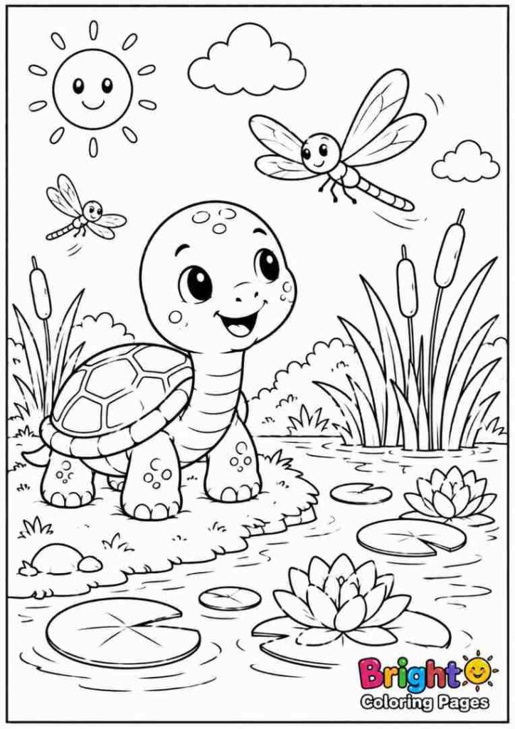 Turtle and Dragonfly free coloring page download for children 