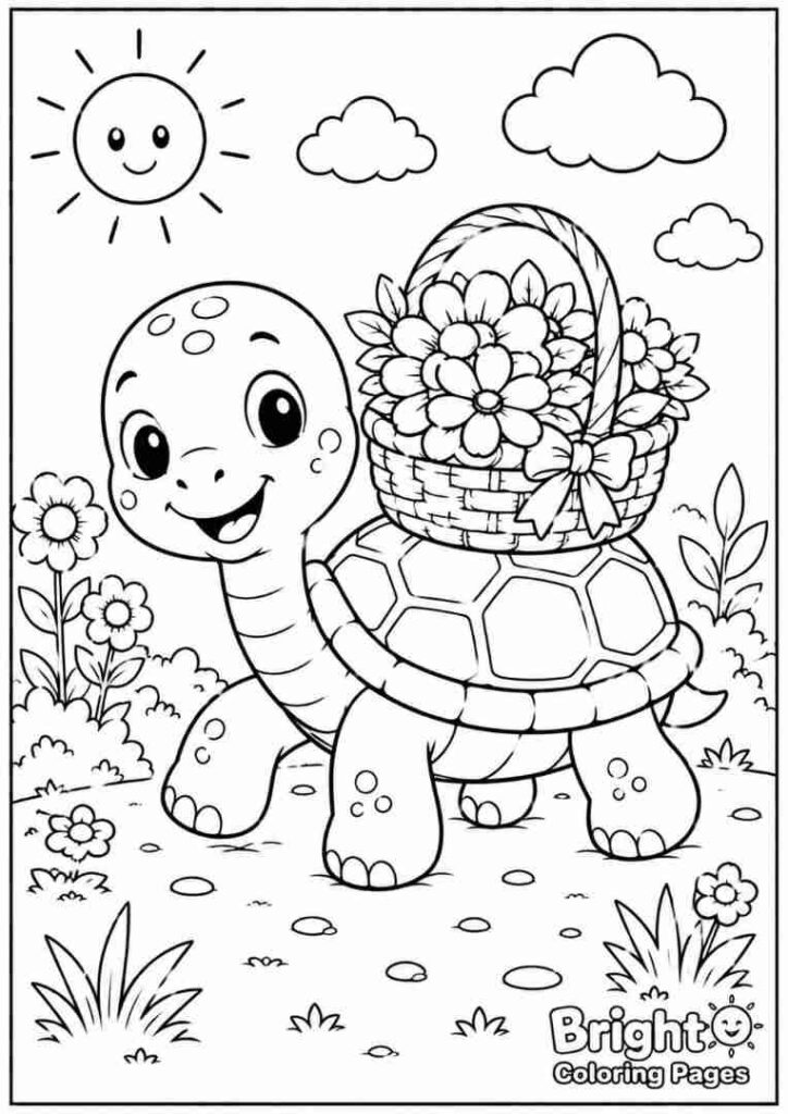 Turtle Carrying a Flower free printable coloring page download for children 
