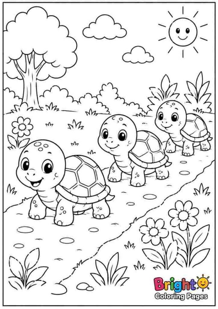 Three Turtles Crossing the Path free coloring page for kids 