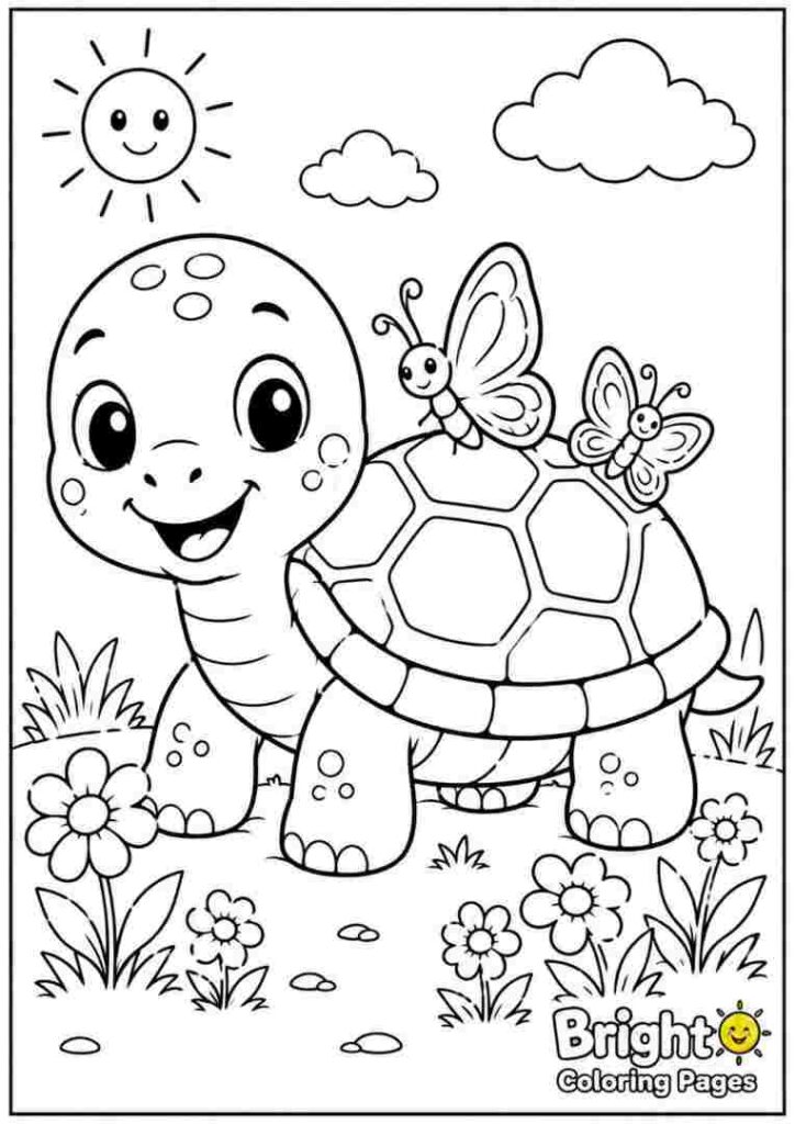 Turtle with a Butterfly on Its Shell coloring page for children 