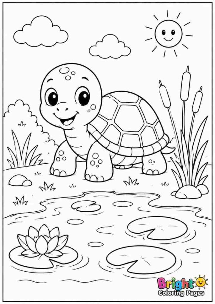 Turtle by the Pond free download coloring page for preschool kids 