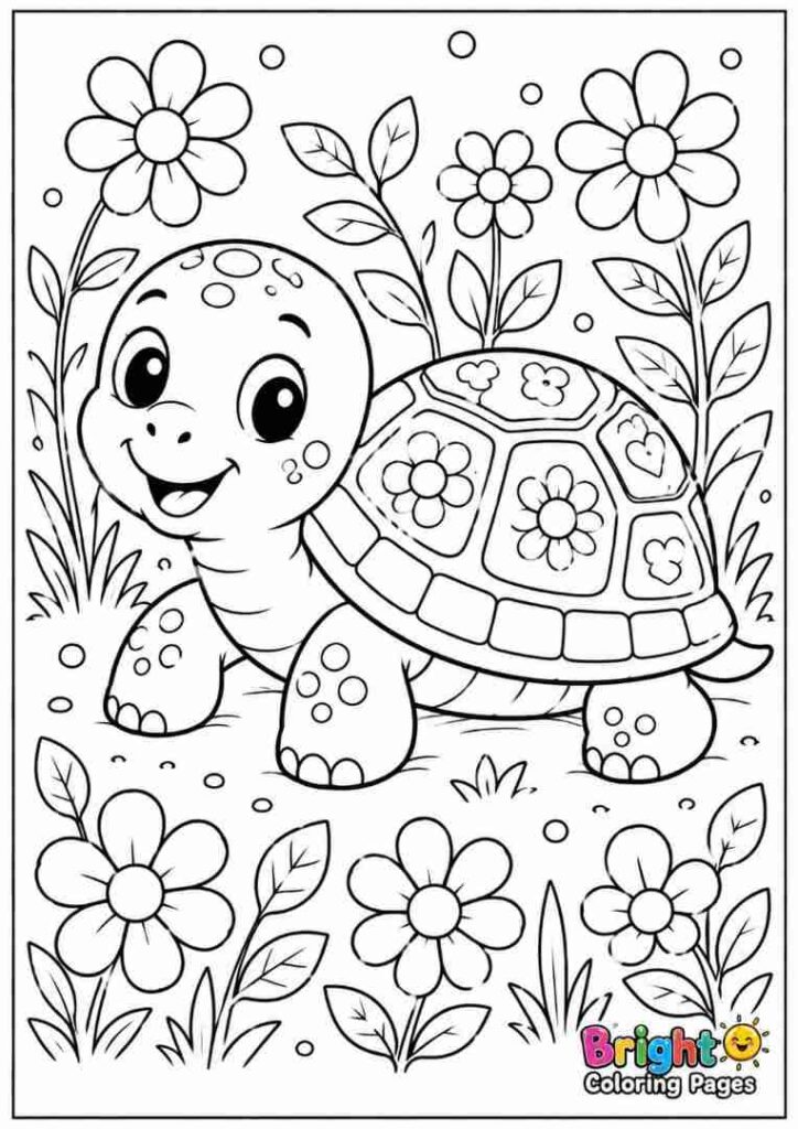 Turtle with Flowers coloring page for kids 