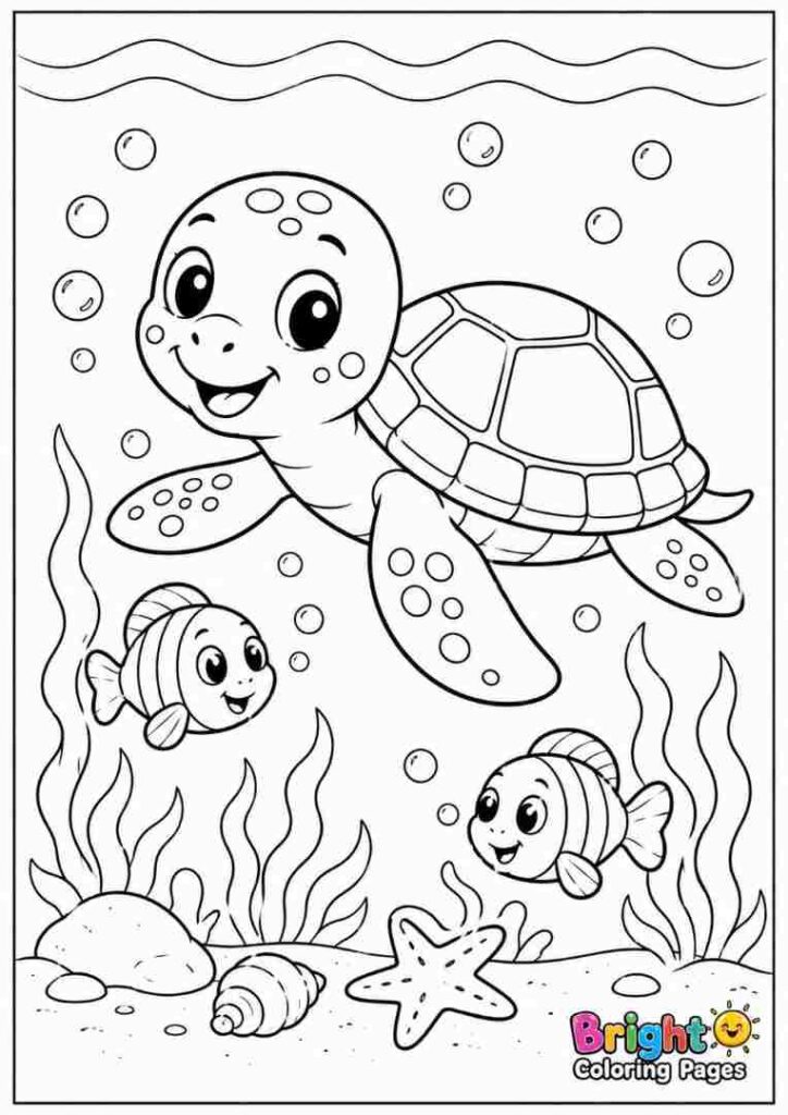 Turtle and Fish Friends free coloring page for preschool kids 