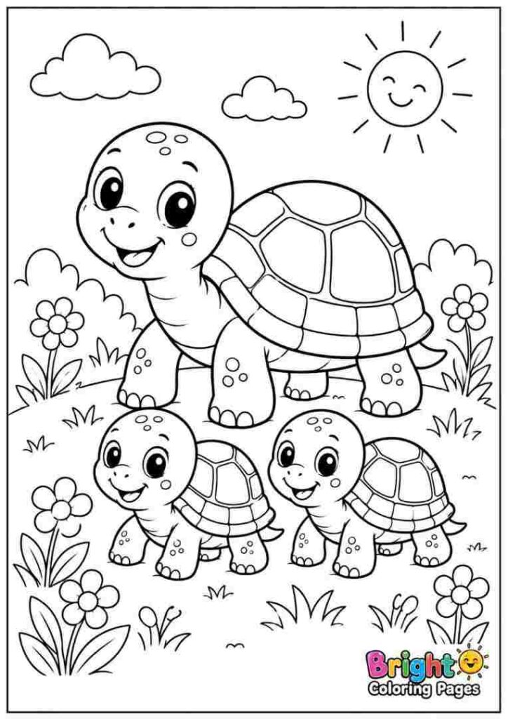 Happy Turtle Family free coloring page for kids 