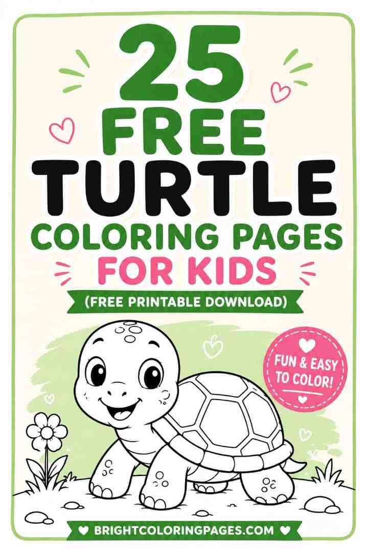 Download 25 free turtle coloring pages for kids featuring cute sea turtles, baby turtles, beach scenes, and fun nature designs. Easy printable PDF coloring sheets for preschoolers, toddlers, and young children.