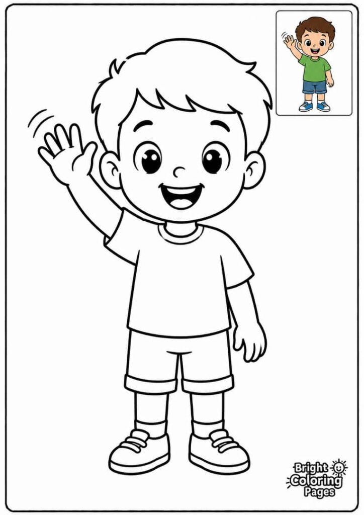 Cute Waving Child free printable coloring page for kids 