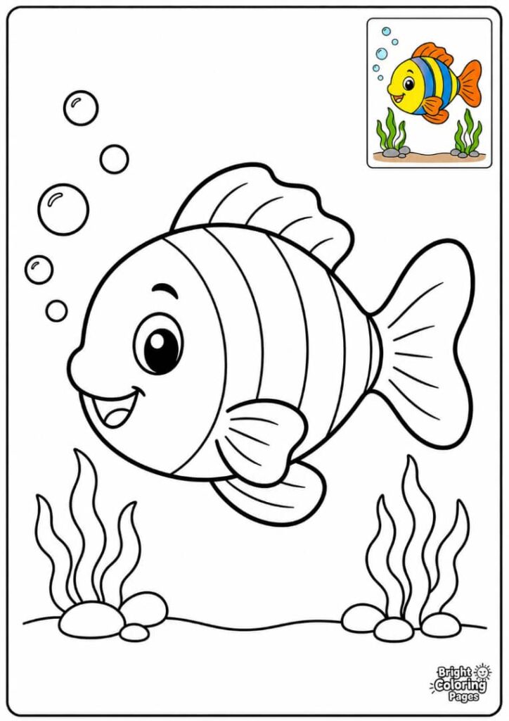Cute Fish Coloring Page for Kids. Free download 