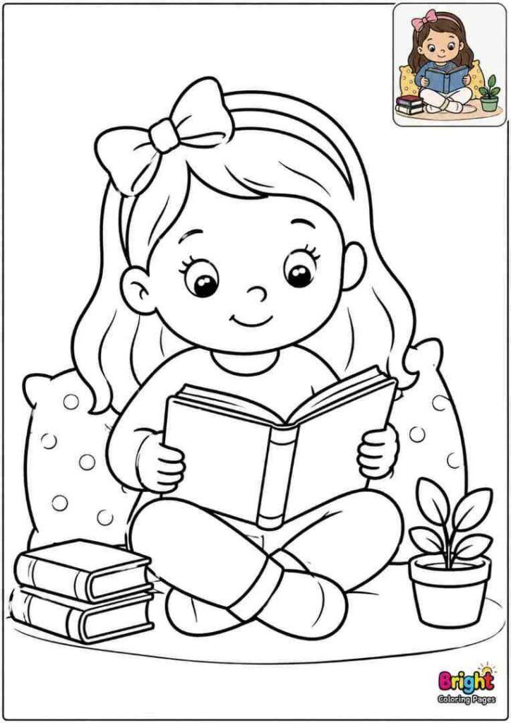 Little Girl Reading a Book free printable coloring page