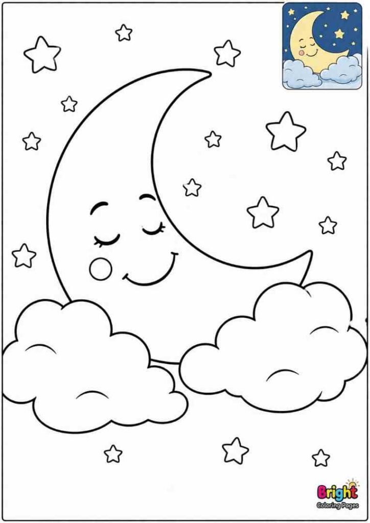 Cloud and Moon Scene free download coloring page for preschoolers