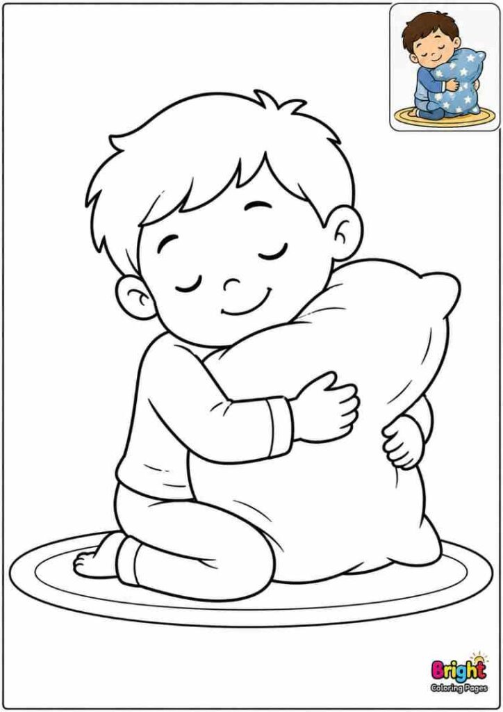 Cute Boy Hugging a Pillow free coloring page for kids