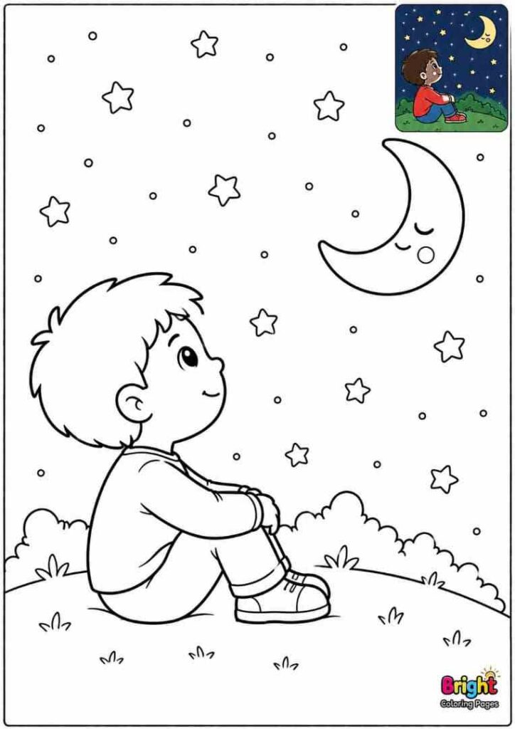 Child Looking at Stars free printable coloring page for preschool kids