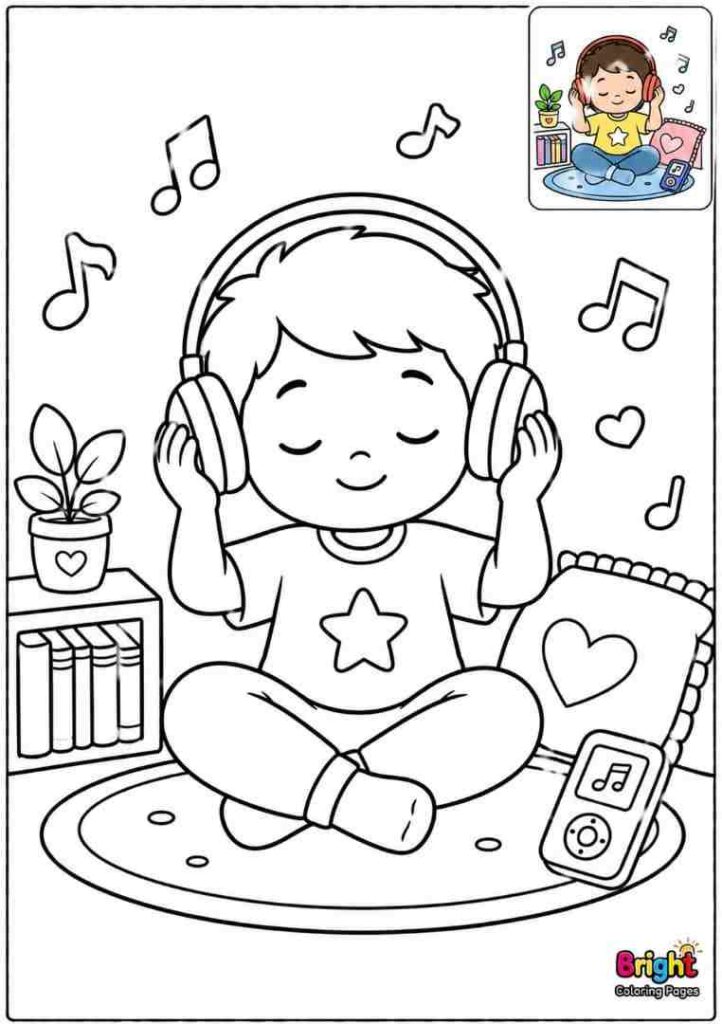 Child Listening to Music free printable coloring page for preschoolers