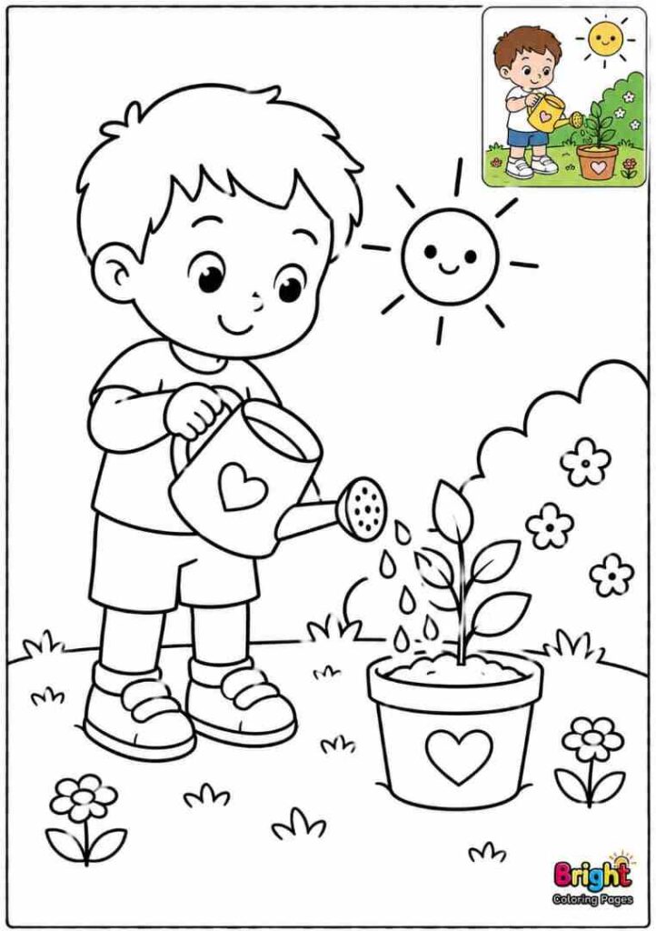 Child Watering a Plant free download coloring page for kids